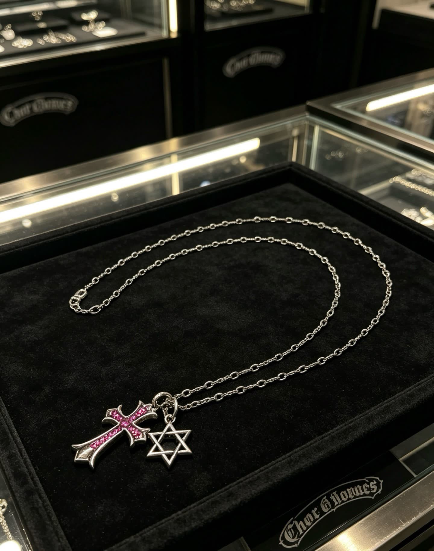 Chrome Hearts Silver Cross and Star of David Charm Necklace